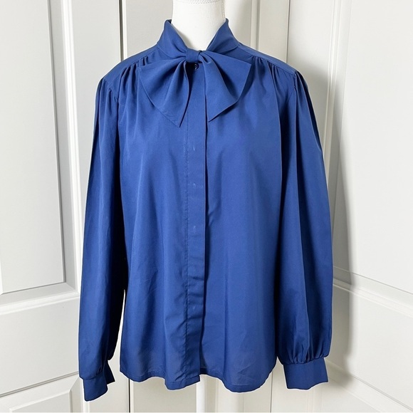 Vintage Tops - Vintage Navy Blue Judy Bond Secretary Blouse with Tie-Front Bow - Size 14